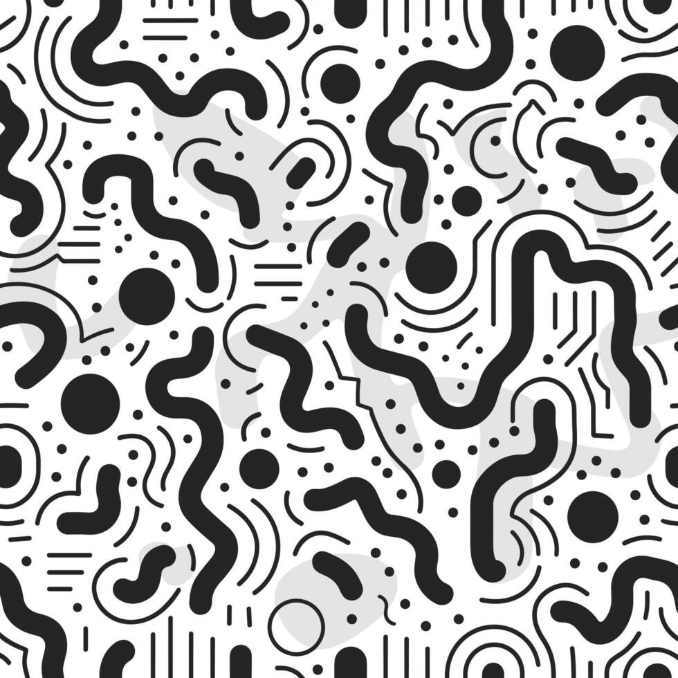 Seamless pattern with simple lines and shapes in black on white background, an array of small and medium-sized hand drawn line art circles, squares, triangles, dots, and wavy thick and thin strokes vector