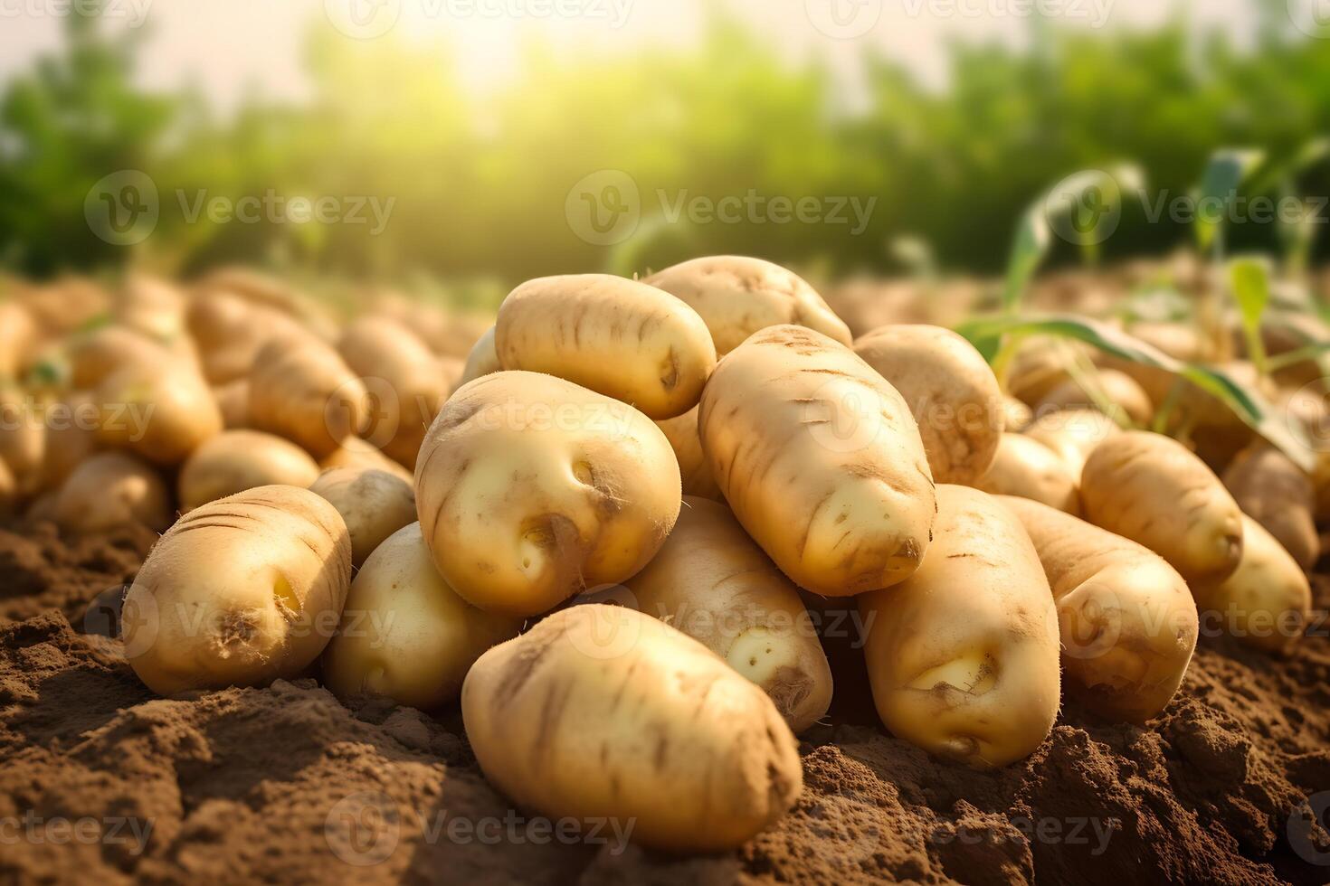 AI generated Freshly dug potatoes lying on the ground in the field photo