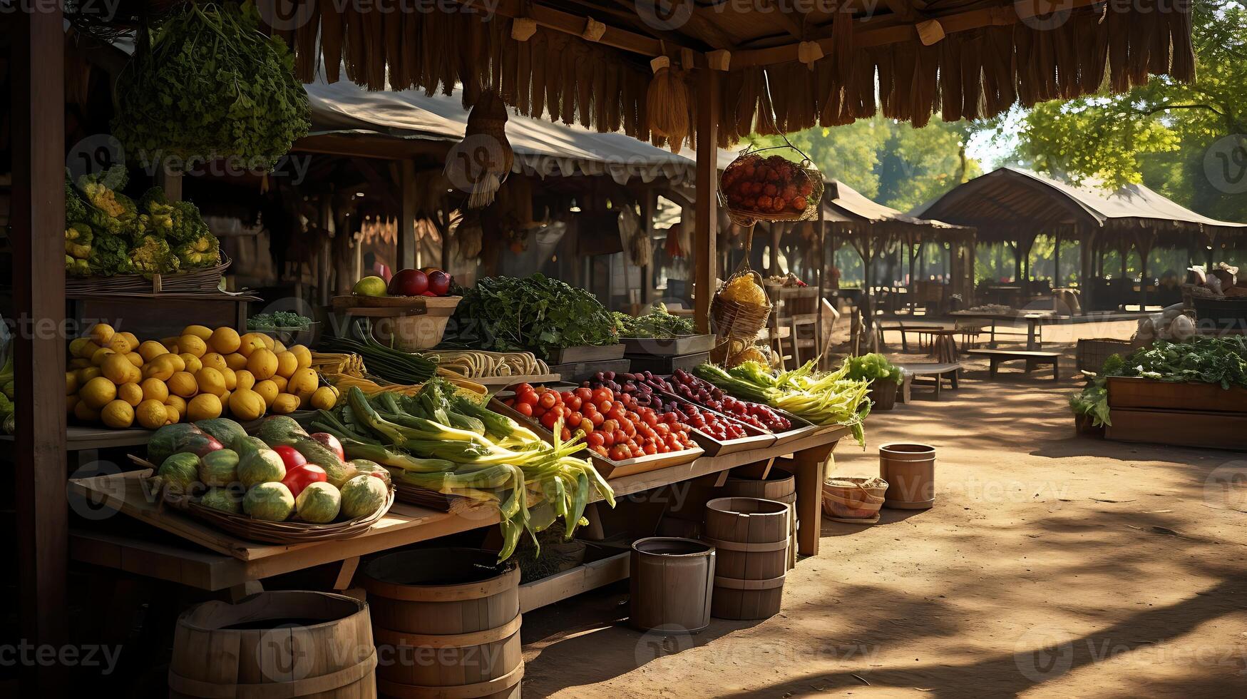 AI generated Fruits and vegetables for sale at the farmers market in the village photo