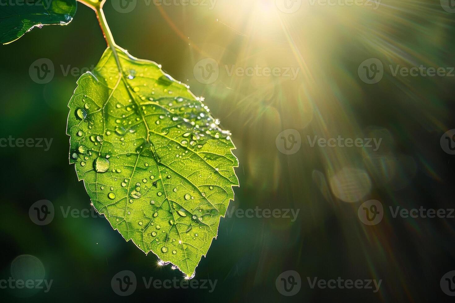 AI generated A close-up of a green leaf with water droplets under sunlight, highlighting the intricate patterns and fresh appearance of the foliage photo