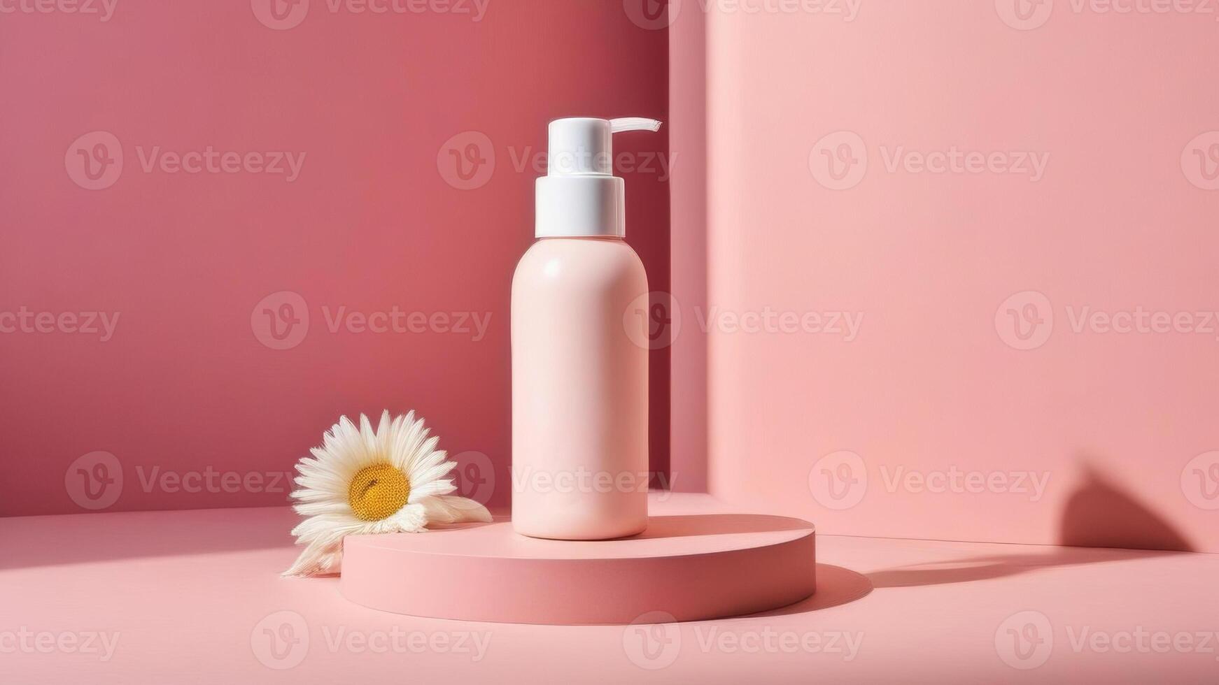 AI generated A white dispenser bottle on a pink platform with a pink vase and peonies against a pink background photo