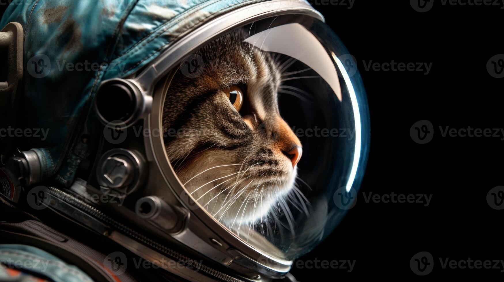 AI generated A cat in an astronaut helmet gazes into space, with cosmic backgrounds of stars and nebulae. The image displays a creative blend of sci-fi and pet themes photo
