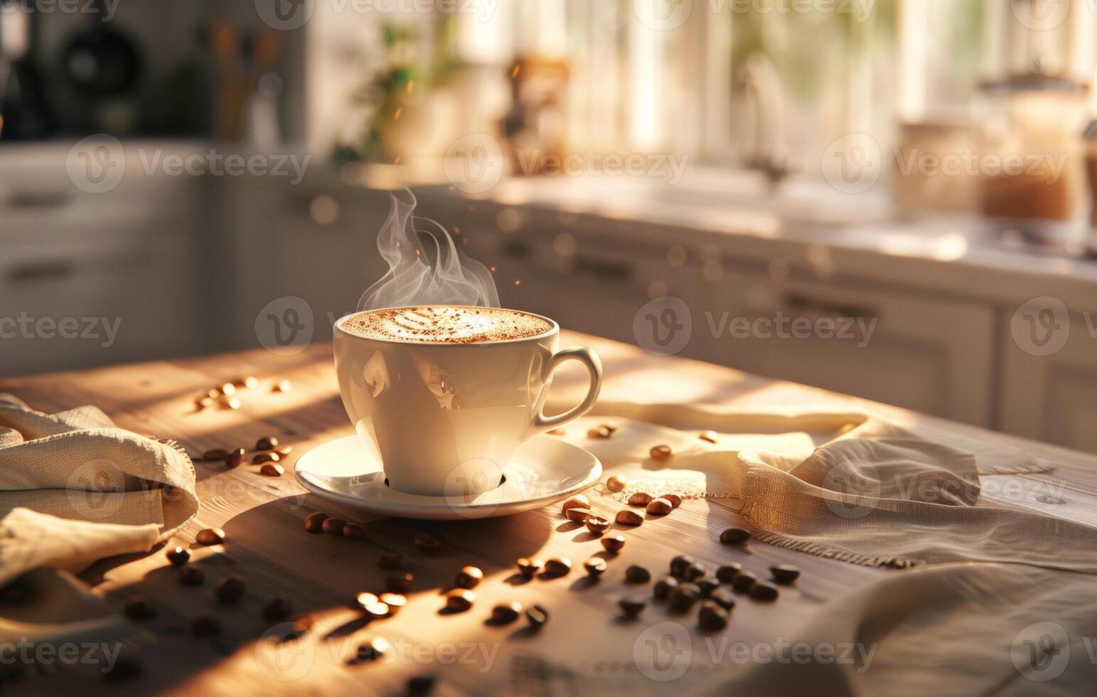 AI generated A steaming cup of coffee with latte art on a saucer decorated with coffee beans, on a rustic wooden table in a cozy kitchen setting photo