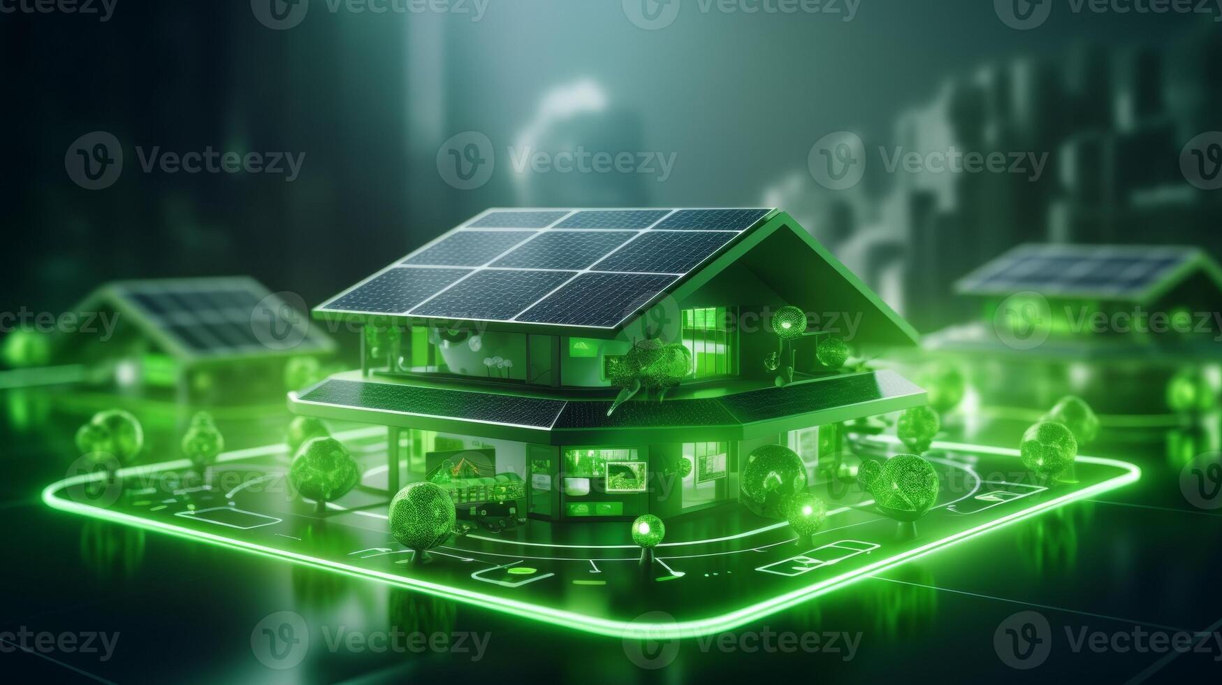 AI generated This is a 3D render of a futuristic smart home with glowing green lines, featuring a roof covered with solar panels, symbolizing sustainable energy within a cityscape photo