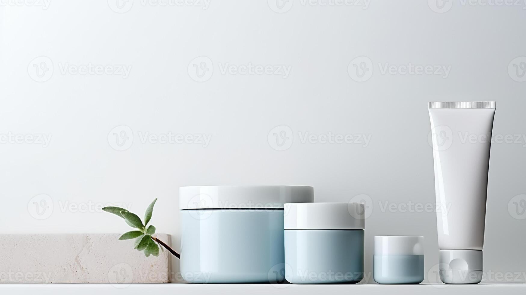 AI generated Blank cosmetic containers in a row on a shelf, with a minimalist background. Ideal for branding mockups photo