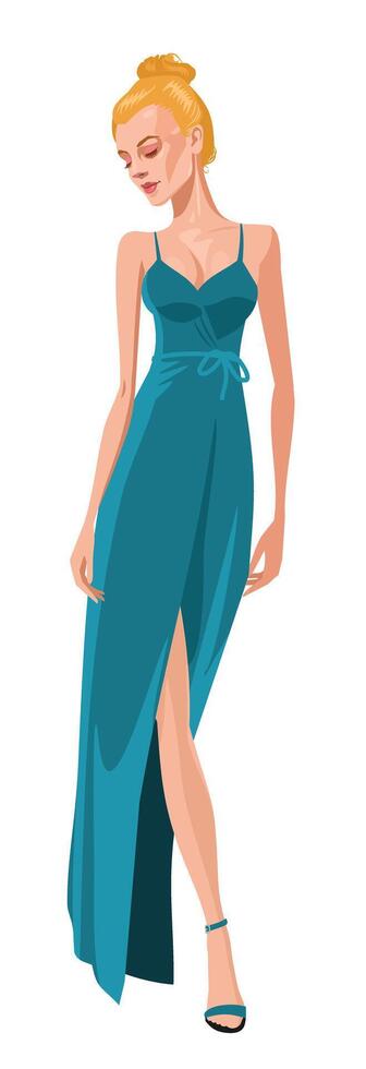 frio mujer caminando en cóctel drees vector