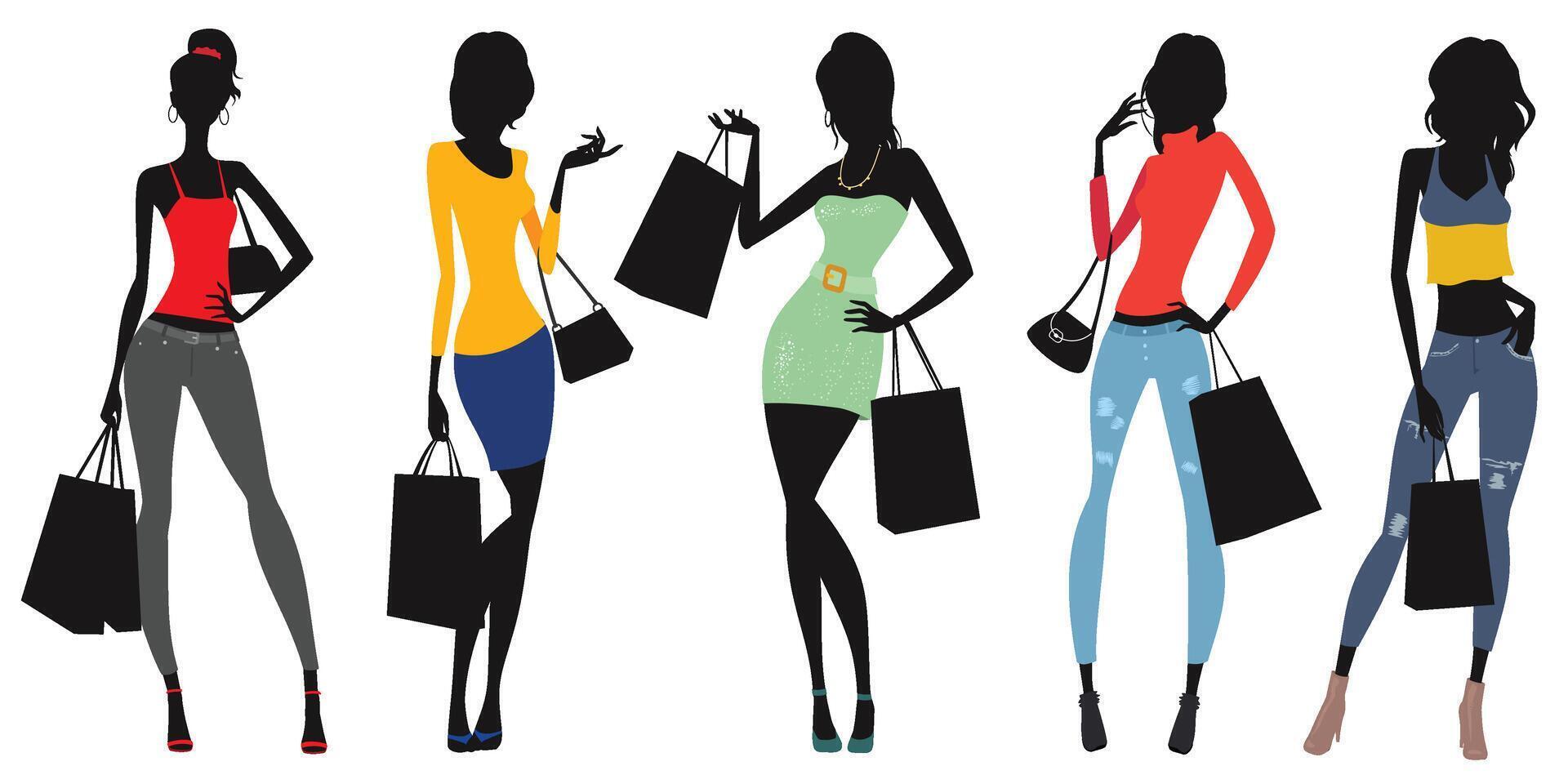 Group of Female Friends Holding Shopping Bags in Their Hands vector