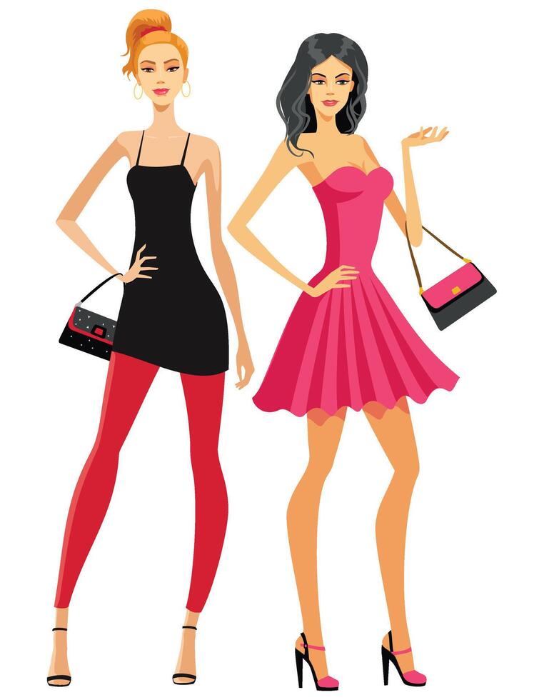 Two Women in Fashion Clothes and Handbags vector