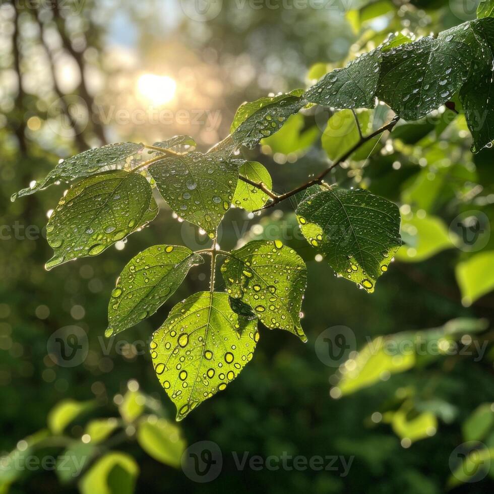 AI generated Sunlight filters through green leaves dotted with water droplets, casting rays of light in a tranquil forest scene photo