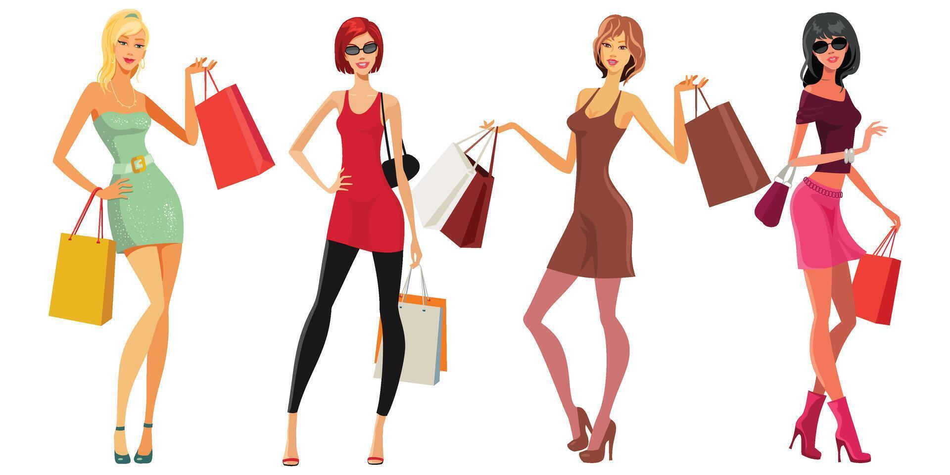 muchachas con compras pantalones en blanco antecedentes vector