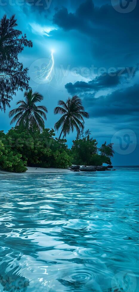 AI generated tropical beach view at cloudy stormy night with white sand, turquoise water and palm trees, neural network generated image photo