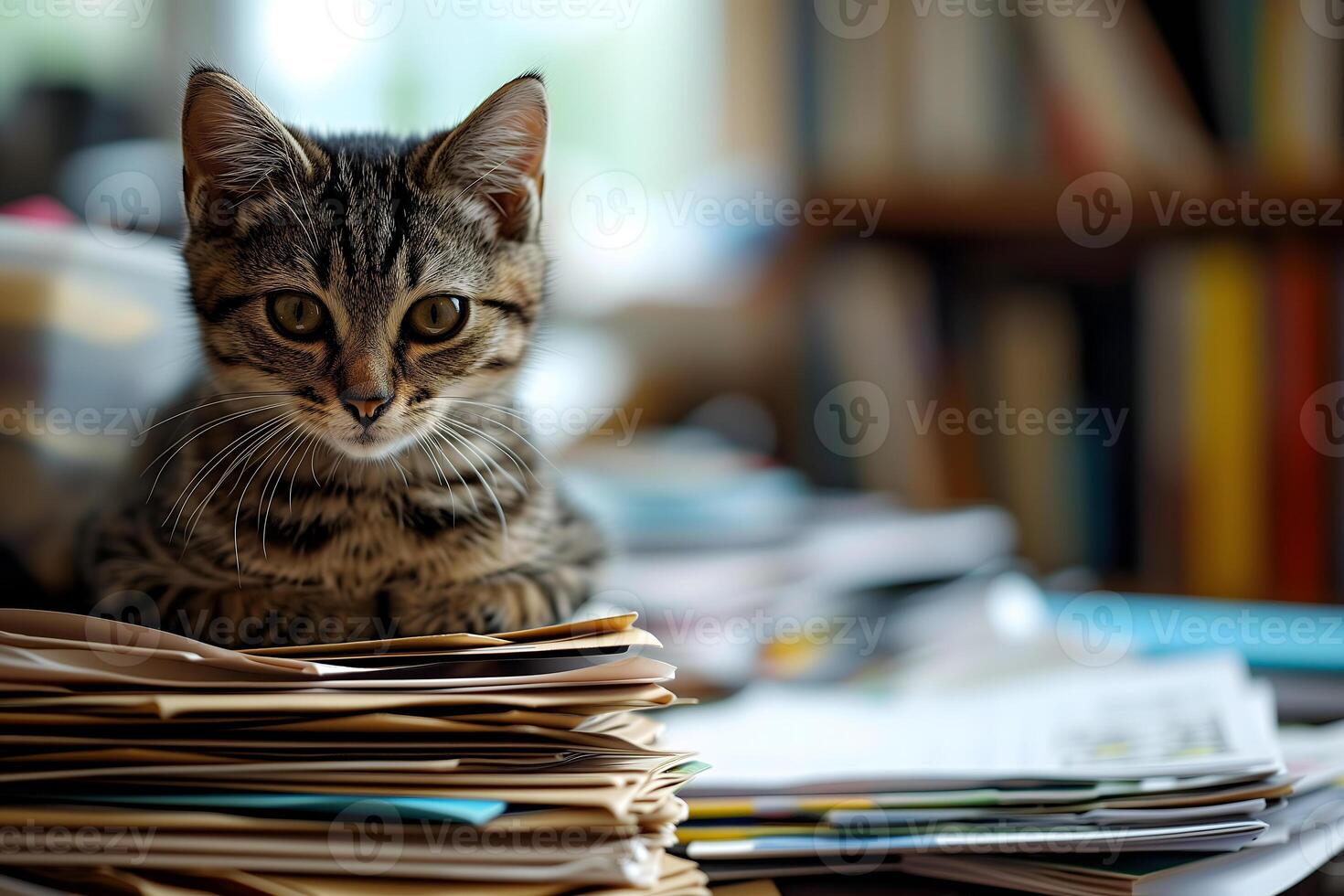 AI generated kitten in an office, overwhelmed by a mountains of paperwork photo