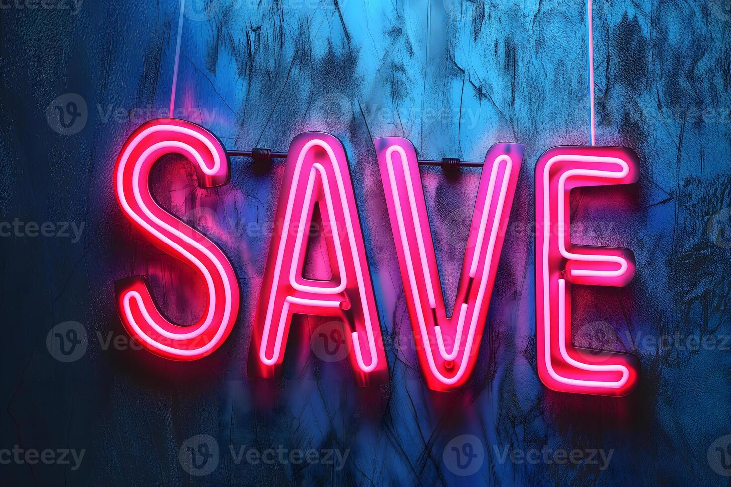 AI generated Neon word SAVE on dark shabby wall photo