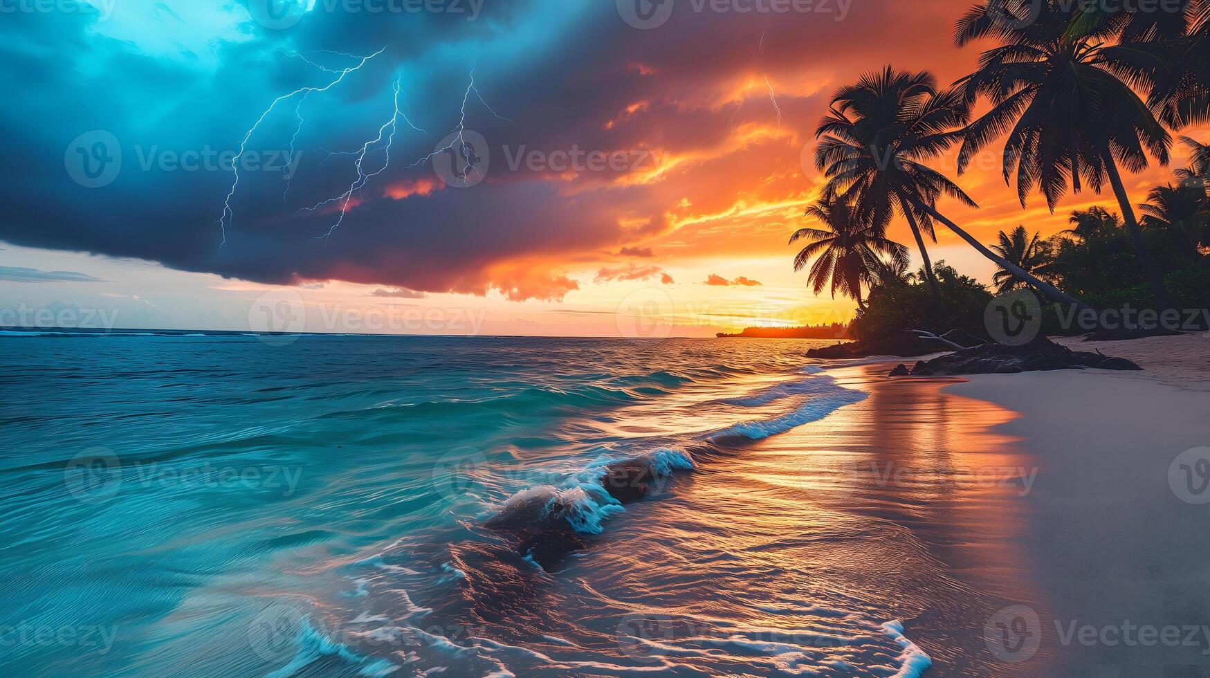 AI generated tropical beach view at cloudy stormy sunset with white sand, turquoise water and palm trees, neural network generated image photo