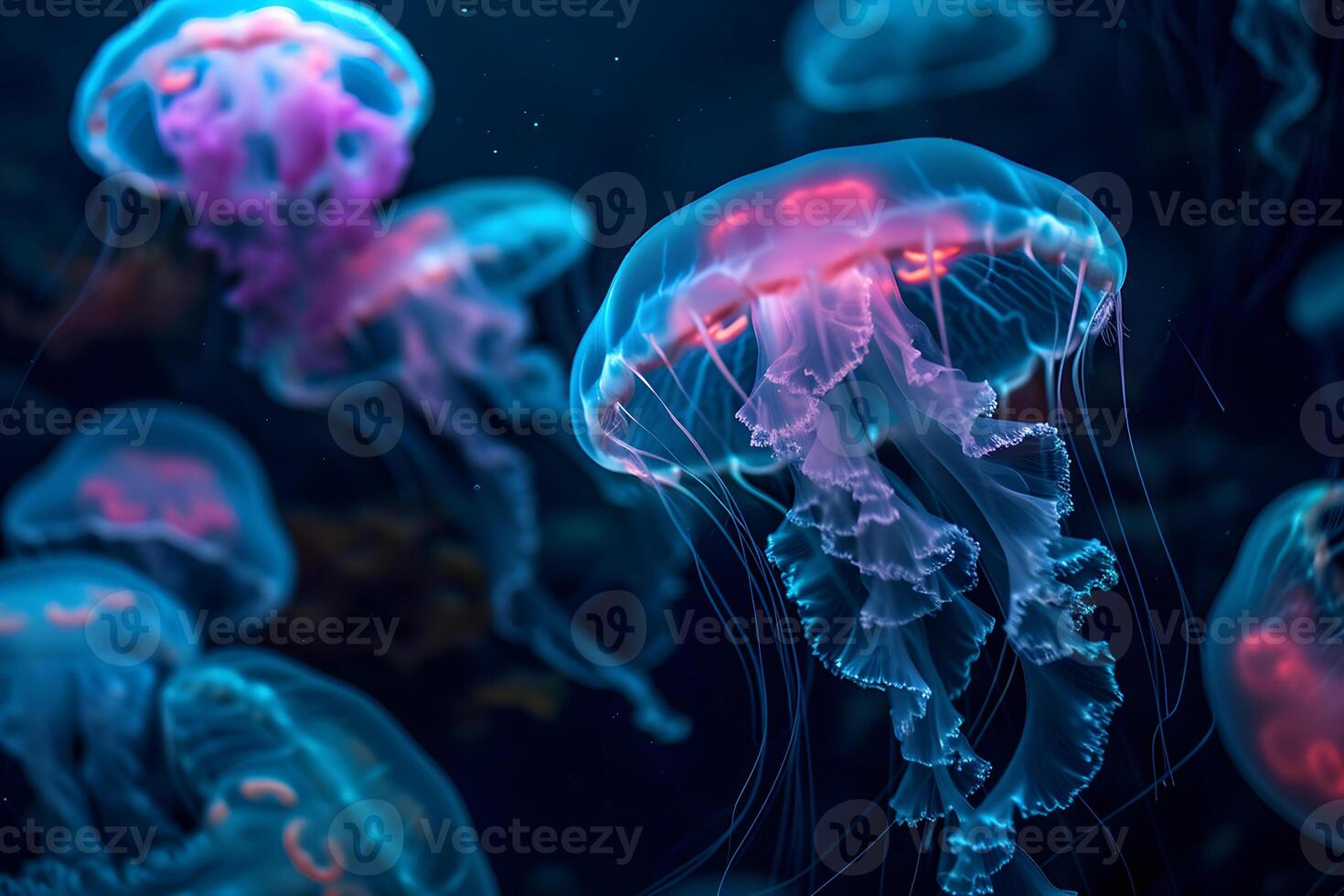 AI generated glowing sea jellyfishes on dark background, neural network generated image photo