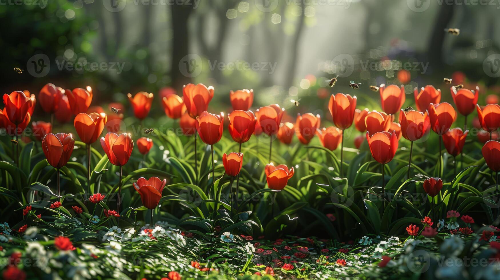 AI generated Spring Symphony. Flowers, insects and birds. photo