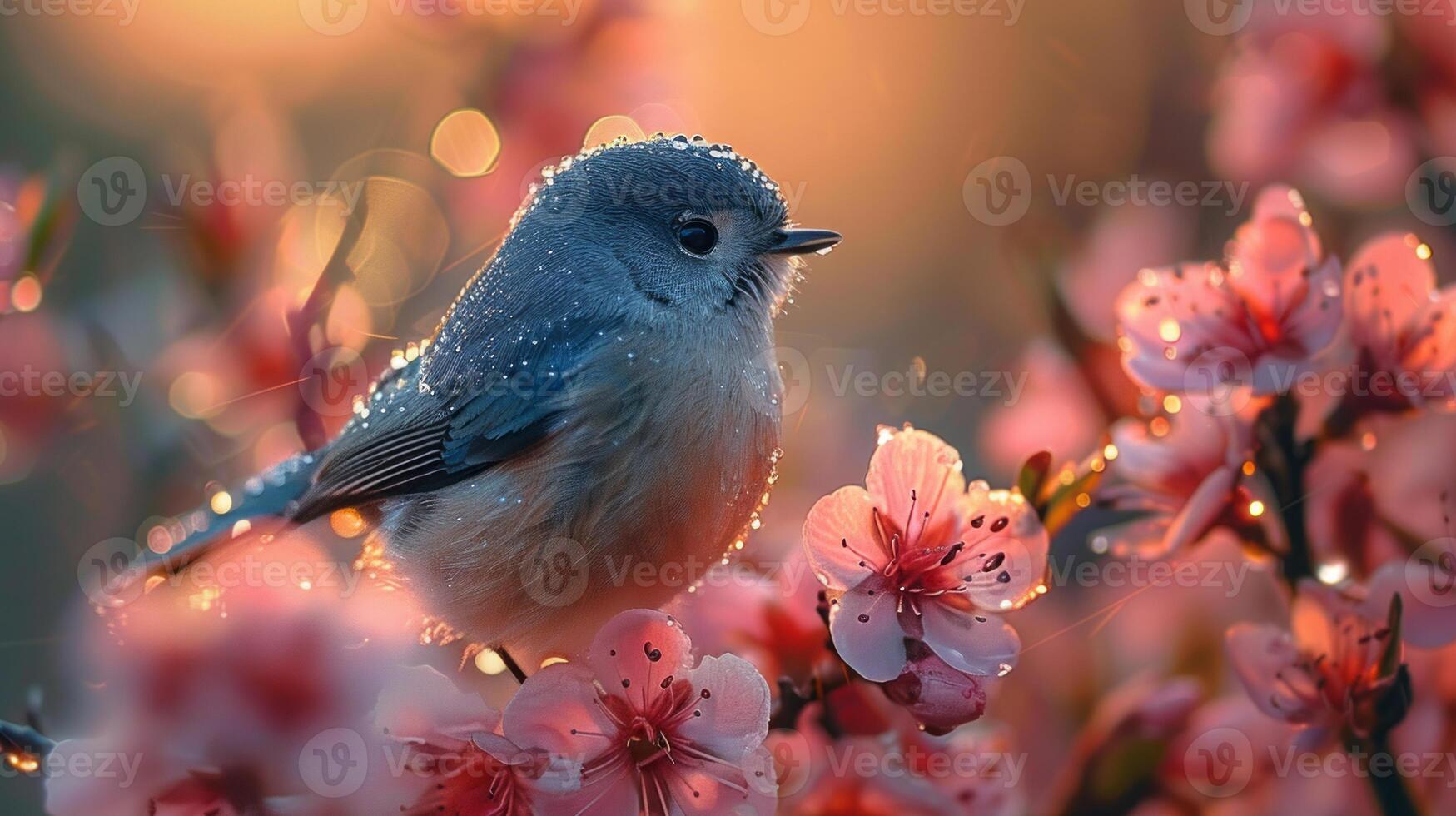 AI generated Spring Symphony. Flowers, insects and birds. photo