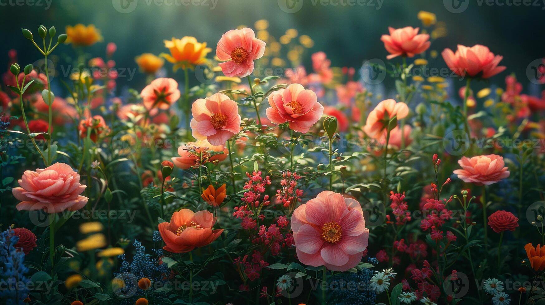 AI generated Spring Symphony. Flowers, insects and birds. photo