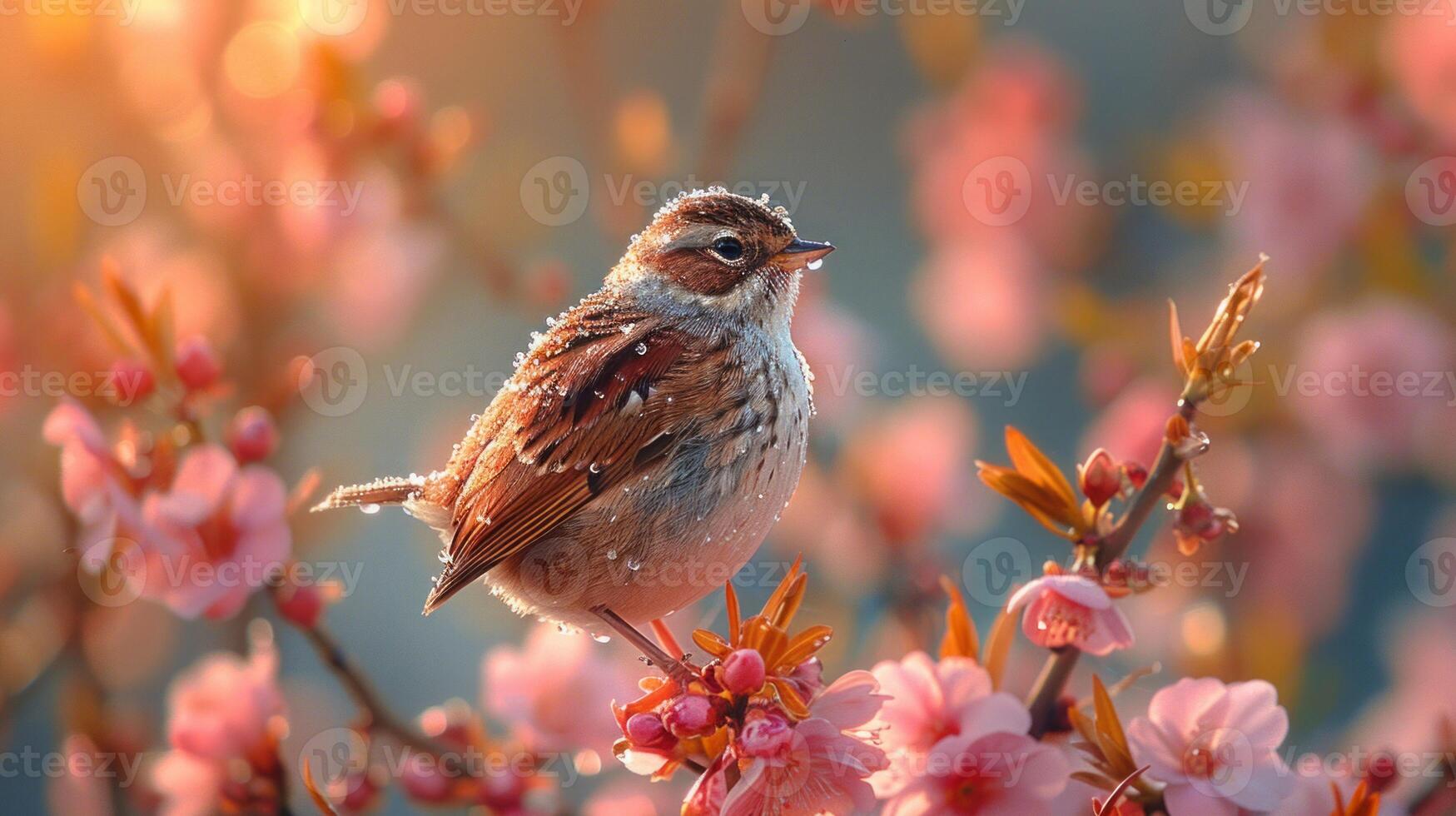 AI generated Spring Symphony. Flowers, insects and birds. photo