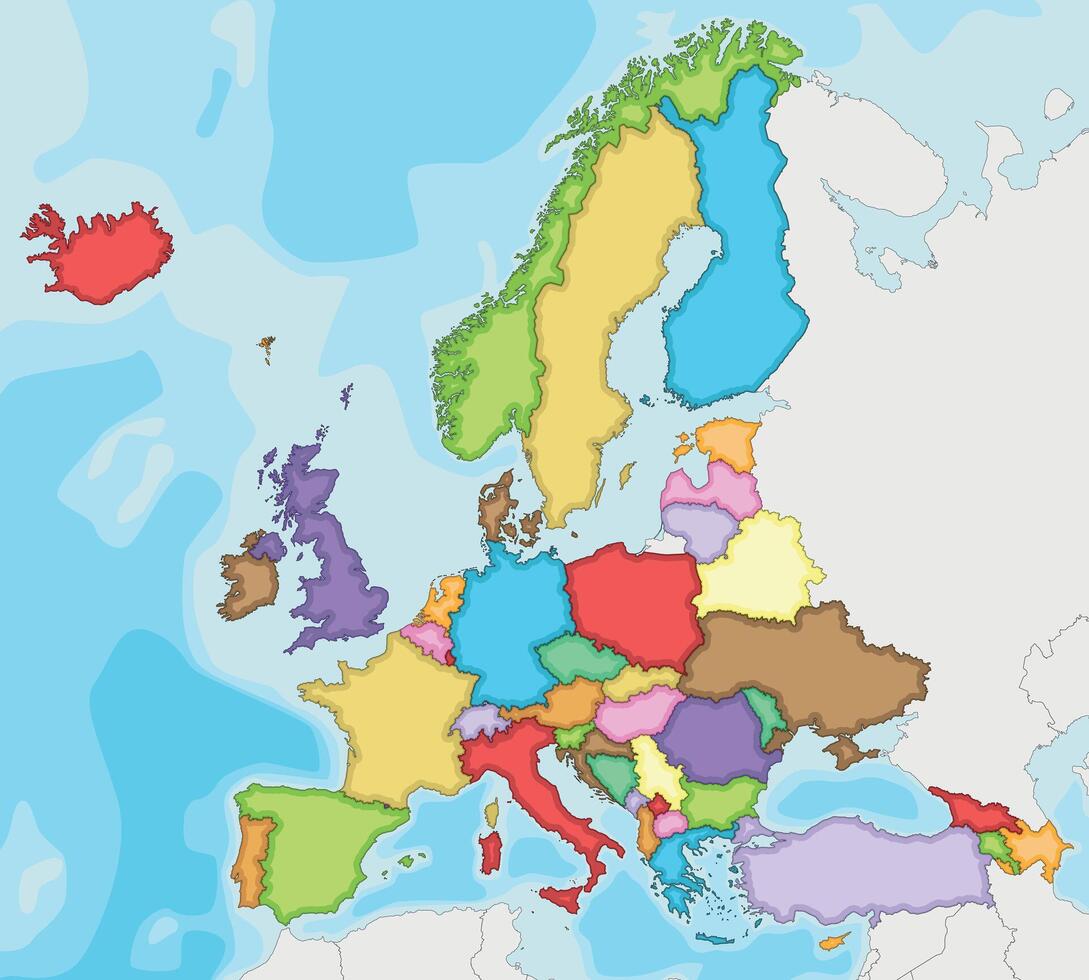 Blank Political Europe Map vector illustration with different colors for each country. Editable and clearly labeled layers.