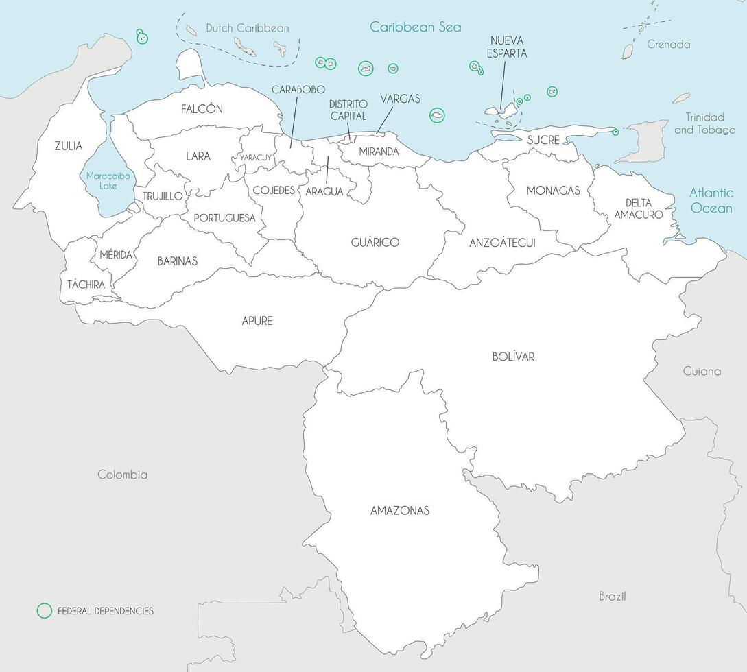 Vector map of Venezuela with states, capital district, federal dependencies and administrative divisions, and neighbouring countries. Editable and clearly labeled layers.