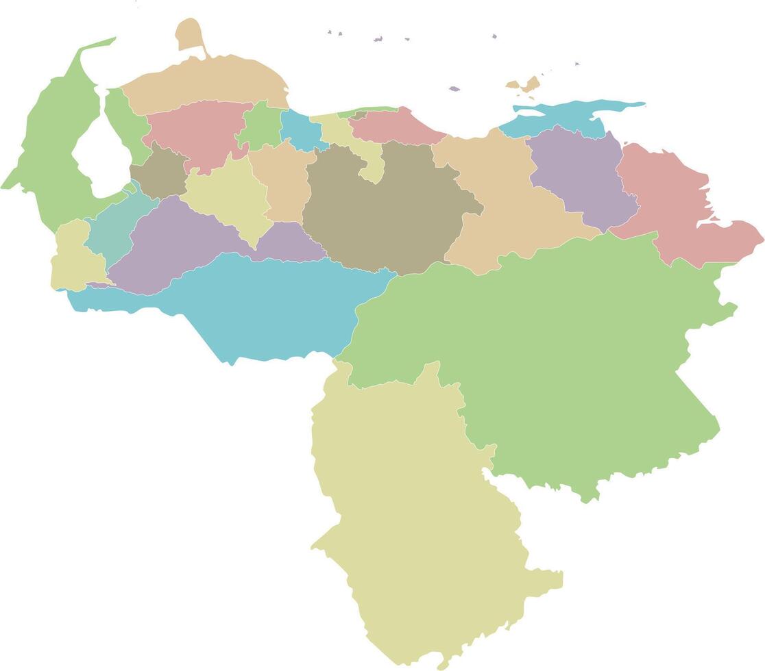 Vector blank map of Venezuela with states, capital district, federal dependencies and administrative divisions. Editable and clearly labeled layers.