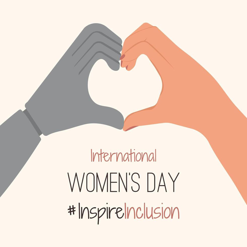 IWD design with white Prosthesis hands show Heart Shape Card. Minimalist International Women s Day 2024 Posters with slogan InspireInclusion. arms greeting card social campaign Inspire inclusion vector