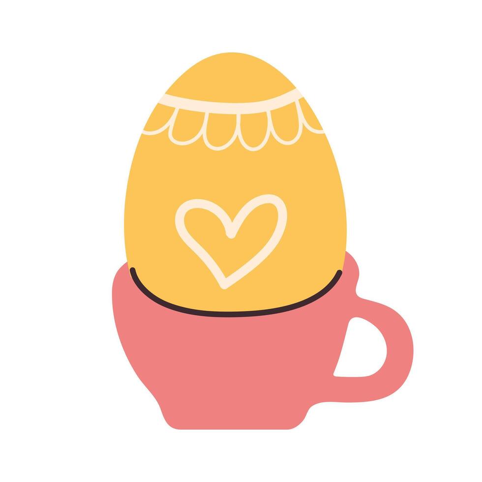 Hand drawn cup with Easter egg. Patterned eggshell with different lines and heart. Doodle elements for decorating holiday banners and cards. Minimalist flat vector illustration.