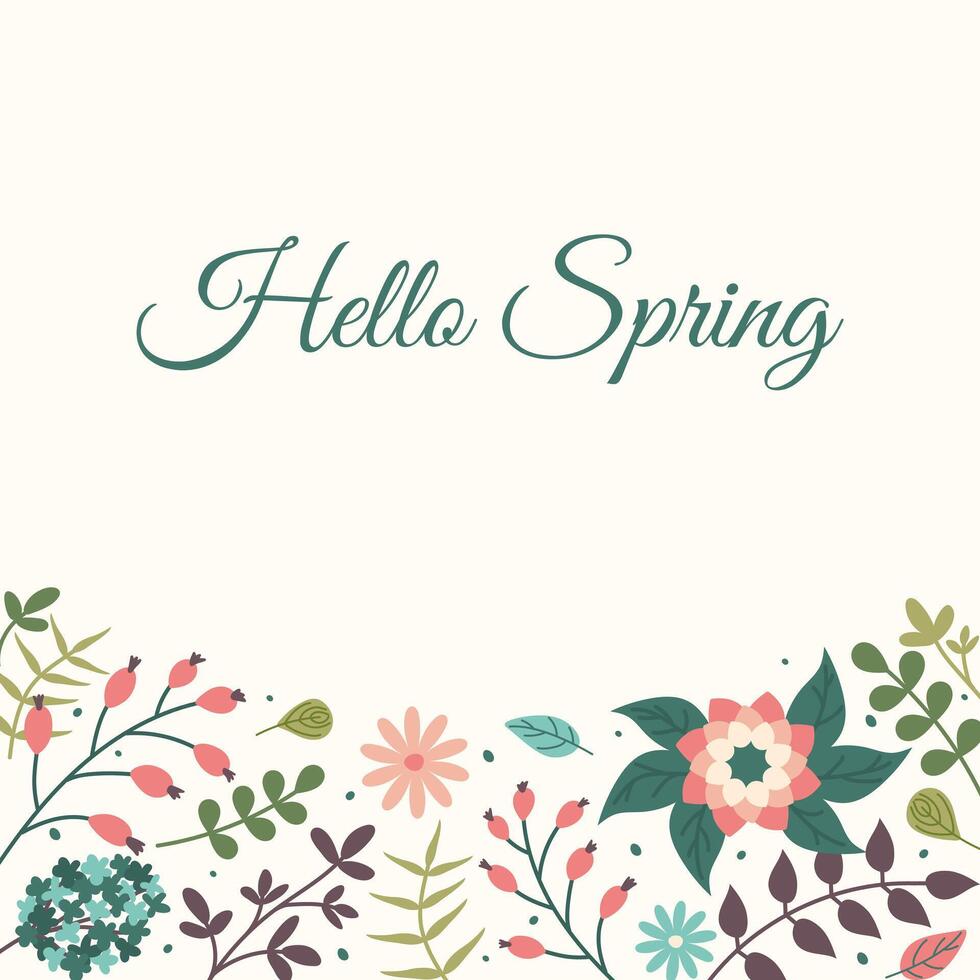 Hello Spring Floral square posters. Social media Springtime post templates. Set of postcards with leaves, flowers and text. Minimalistic style Greeting card with frames of botanical elements. vector