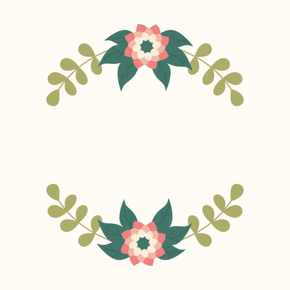 Cute floral frame, vector border with flowers and green leaves on white background. Empty space inside for greeting text.