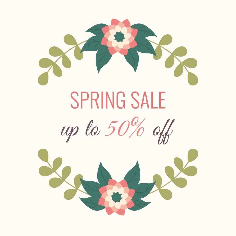 Spring Sale poster with Floral frame. Springtime square Background for promotional offers with hand drawn flowers. Modern discount with botanical elements in doodle style. vector