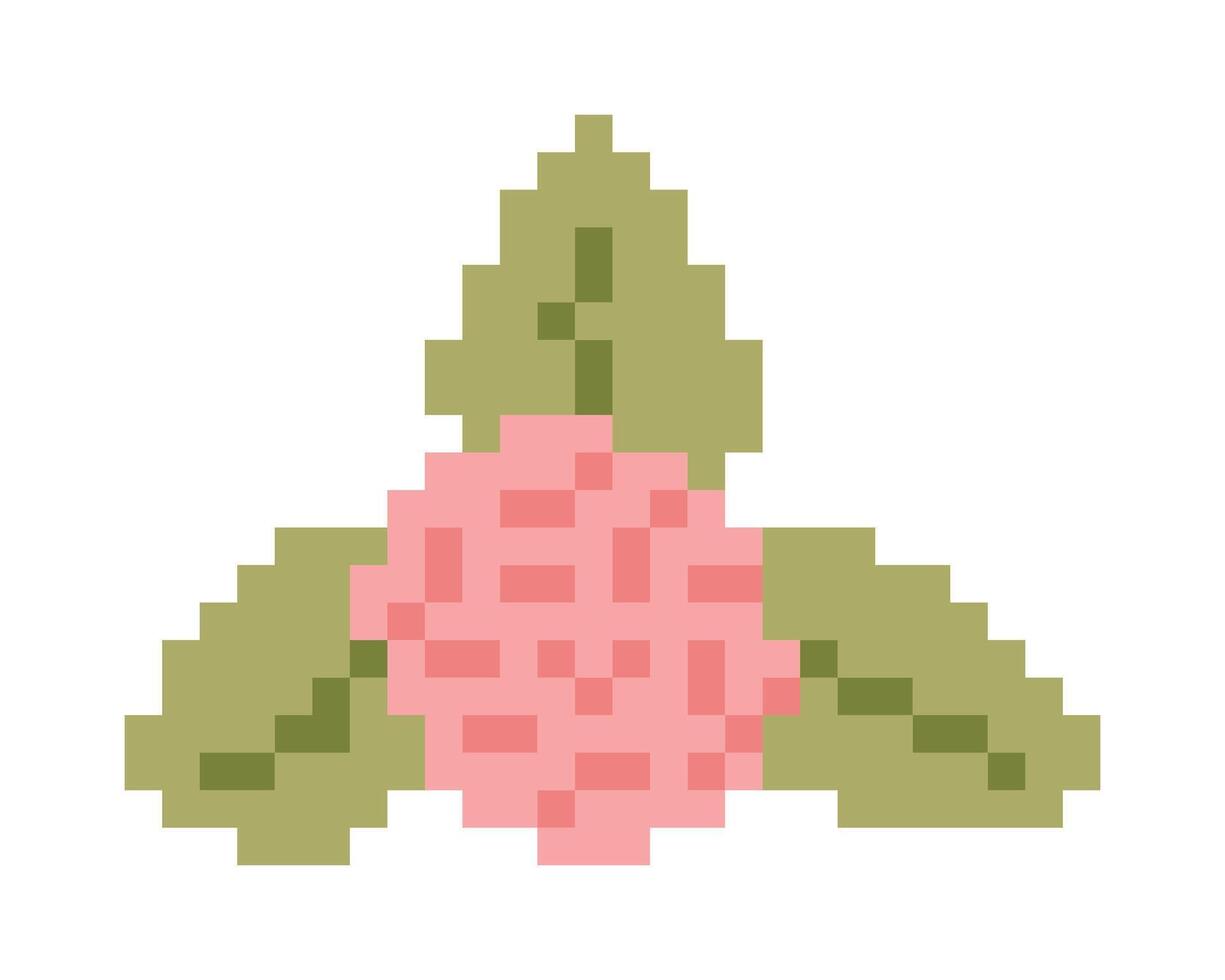 Abstract Rose bud with leaves in Pixel art style. Simple retro pink flower illustration. vector
