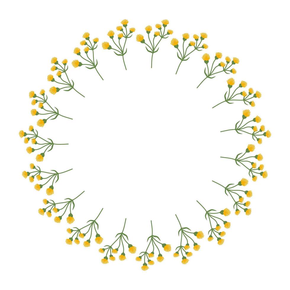 Hand drawn minimalist spring botanical element. Round summer frame or border with place text, quote or logo in flat style Women Mother Day. Doodle Floral Wreath made of yellow Flowers in circle vector