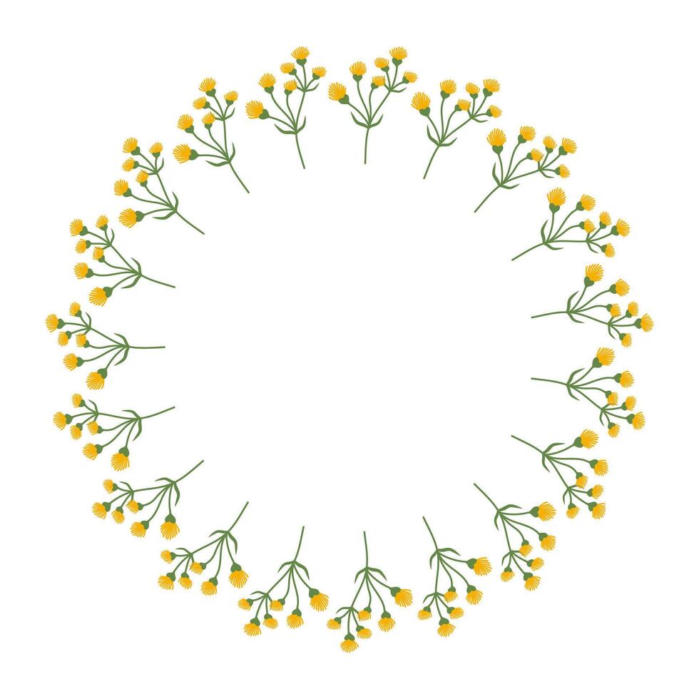 Hand drawn minimalist spring botanical element. Round summer frame or border with place text, quote or logo in flat style Women Mother Day. Doodle Floral Wreath made of yellow Flowers in circle vector