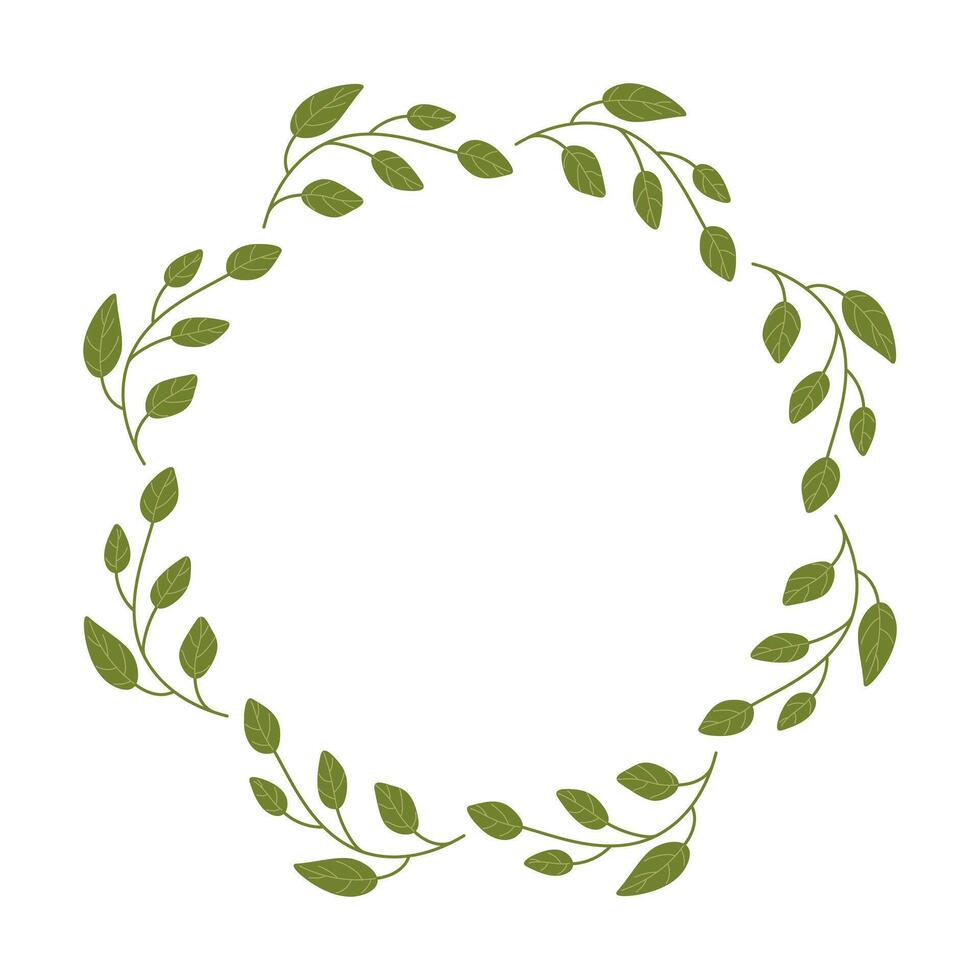Green Wreath of laurel like Leaves drawn by hand with empty place for text. Leafy Spring Frame for congratulations quotes with copy space. Minimalist vector illustration.