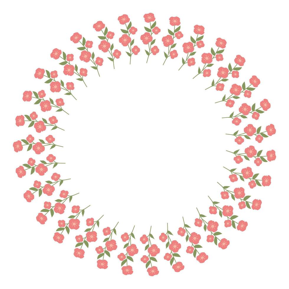 Round Hand drawn floral frame or border with place text, quote or logo in flat style. Doodle spring Wreath made of pink flowers in circle. Minimalist botanical element branches. vector