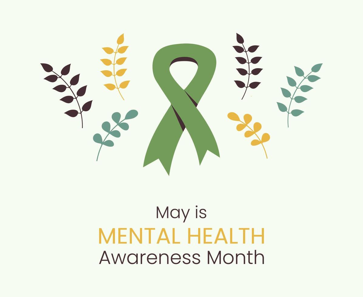 Green Ribbon for Mental Health Awareness Month in May poster. Annual prevention campaign in United States. Raising knowledge about human brain. Medical health care minimalist design with leaves. vector