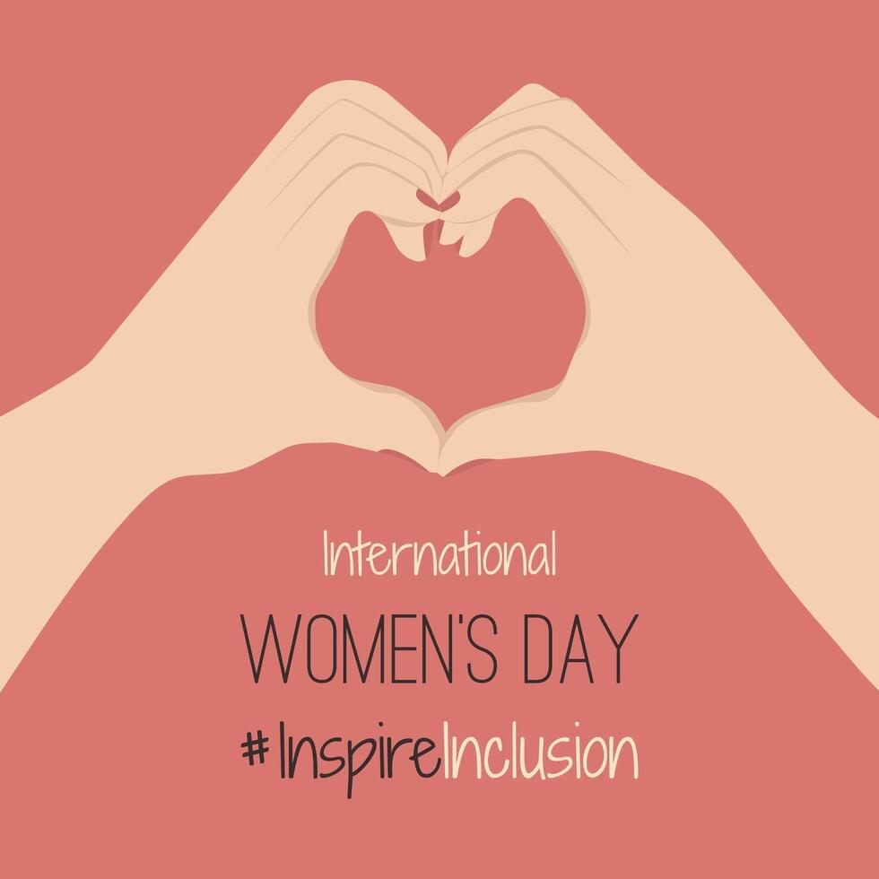 IWD design with white hands show Heart Shape Card. Minimalist International Women s Day 2024 Posters with slogan InspireInclusion. arms greeting card social campaign Inspire inclusion in 8 March vector