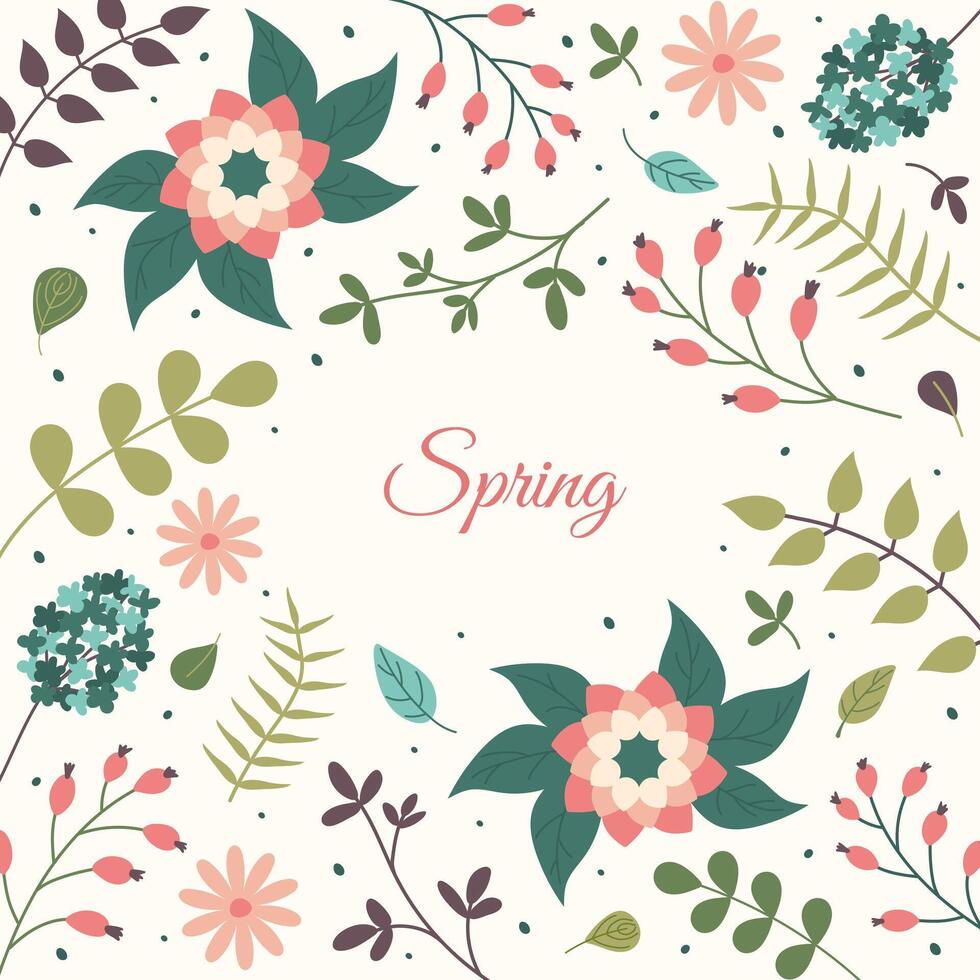 Springtime greeting card with Hand drawn Flowers and leaves. Hello Spring floral background. Vector square templates for poster or social media post. Bright Bloom frames and borders with lettering.