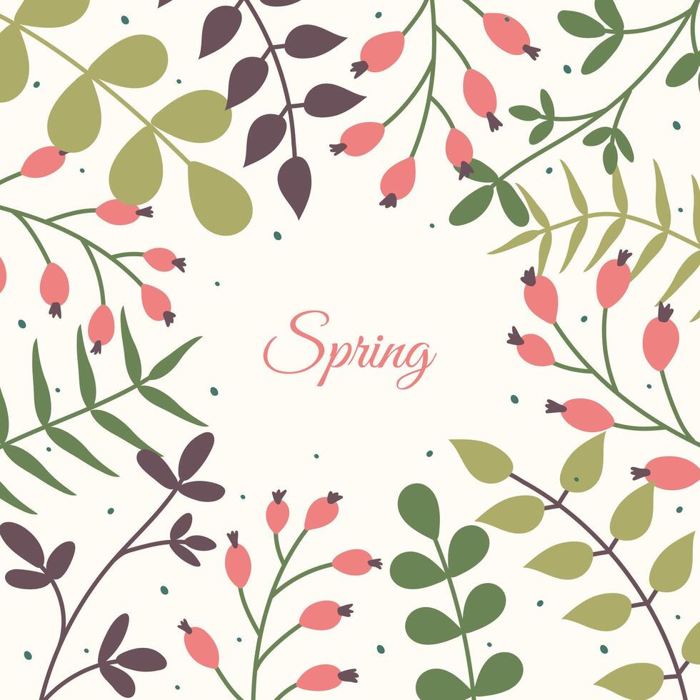 Hello Spring Floral square posters. Social media Springtime post templates. Set of postcards with leaves, flowers and text. Minimalistic style Greeting card with frames of botanical elements. vector