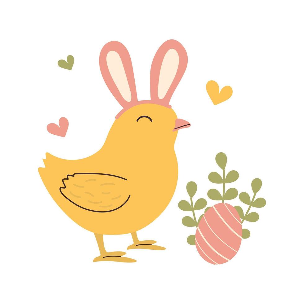 Cute hand drawn Easter Chick with bunny ears and egg olated on white background. Simple illustration of little baby chicken. Yellow bird in doodle style for greeting card. Children s minimalist art. vector