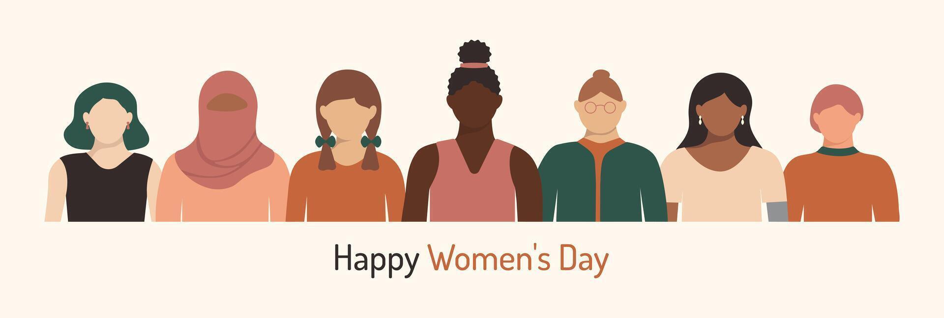 Happy Women's Day background with diverse girls in faceless style. Diversity ethnicities religions colors body ages Feminine banner. vector