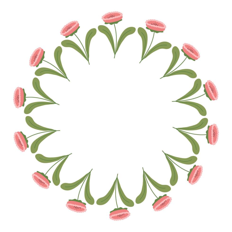 Round Hand drawn floral frame or border with place text, quote or logo in flat style. Doodle spring Wreath made of pink flowers in circle. Minimalist botanical element branches vector