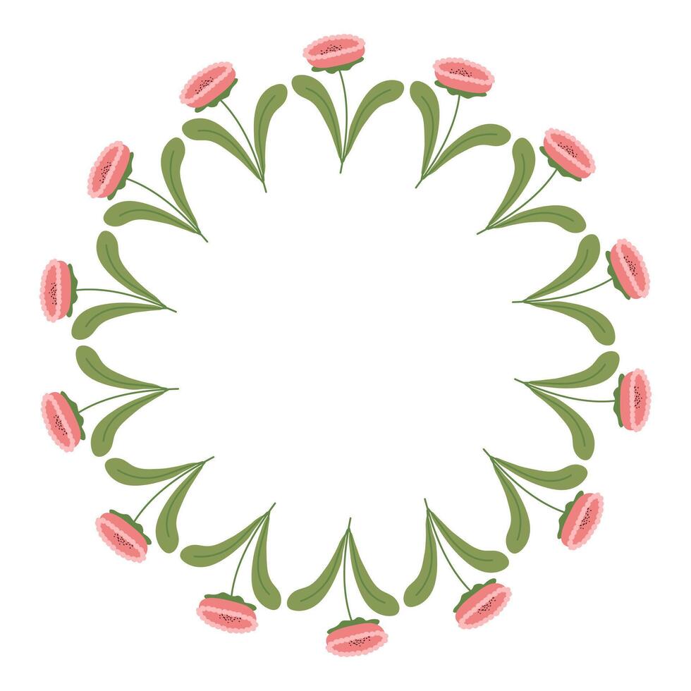 Round Hand drawn floral frame or border with place text, quote or logo in flat style. Doodle spring Wreath made of pink flowers in circle. Minimalist botanical element branches vector