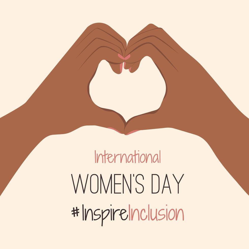 IWD design with hands show Heart Shape Card. Minimalist International Women's Day 2024 Posters with slogan InspireInclusion. arms greeting card social campaign Inspire inclusion in 8 March. vector