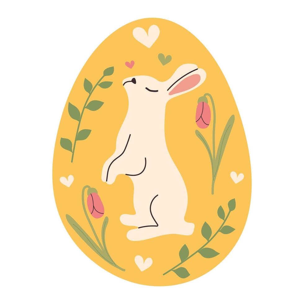 Cute sleeping Bunny with colorful Easter Egg with spring leaves and berries in doodle style. Springtime background for traditional greeting cards. Flat hand drawn design vector