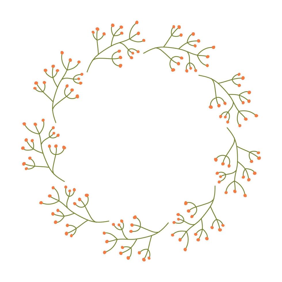 Round Hand drawn floral frame or border with place text, quote or logo in flat style. Doodle Wreath made of pink flowers in circle. Minimalist botanical element branches with berries. vector