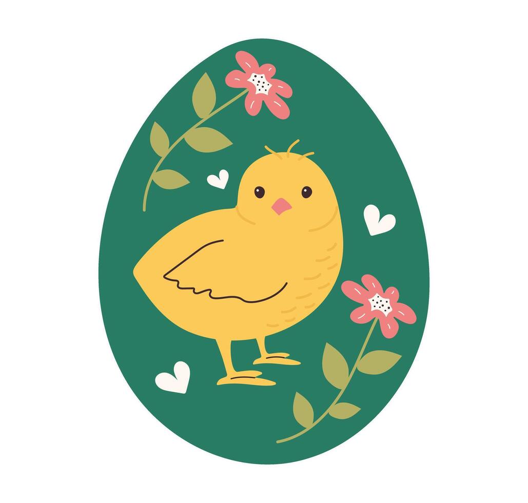 Easter chick hand drawn in Egg silhouette. Decorative element for cards and posters with Spring flowers. vector