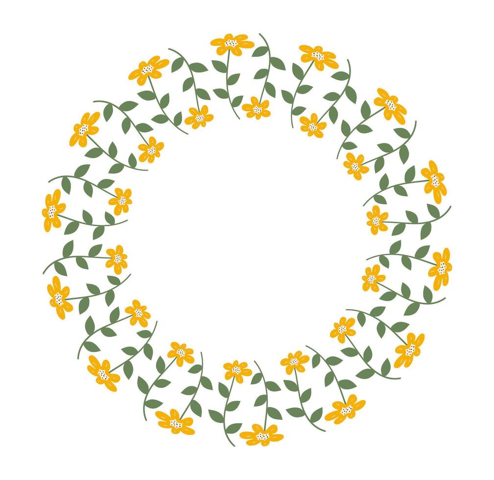 Spring minimalist floral Wreath with copy space. Hand drawn frame with Yellow flowers. Flat summer decoration elements for invitation cards posters. vector