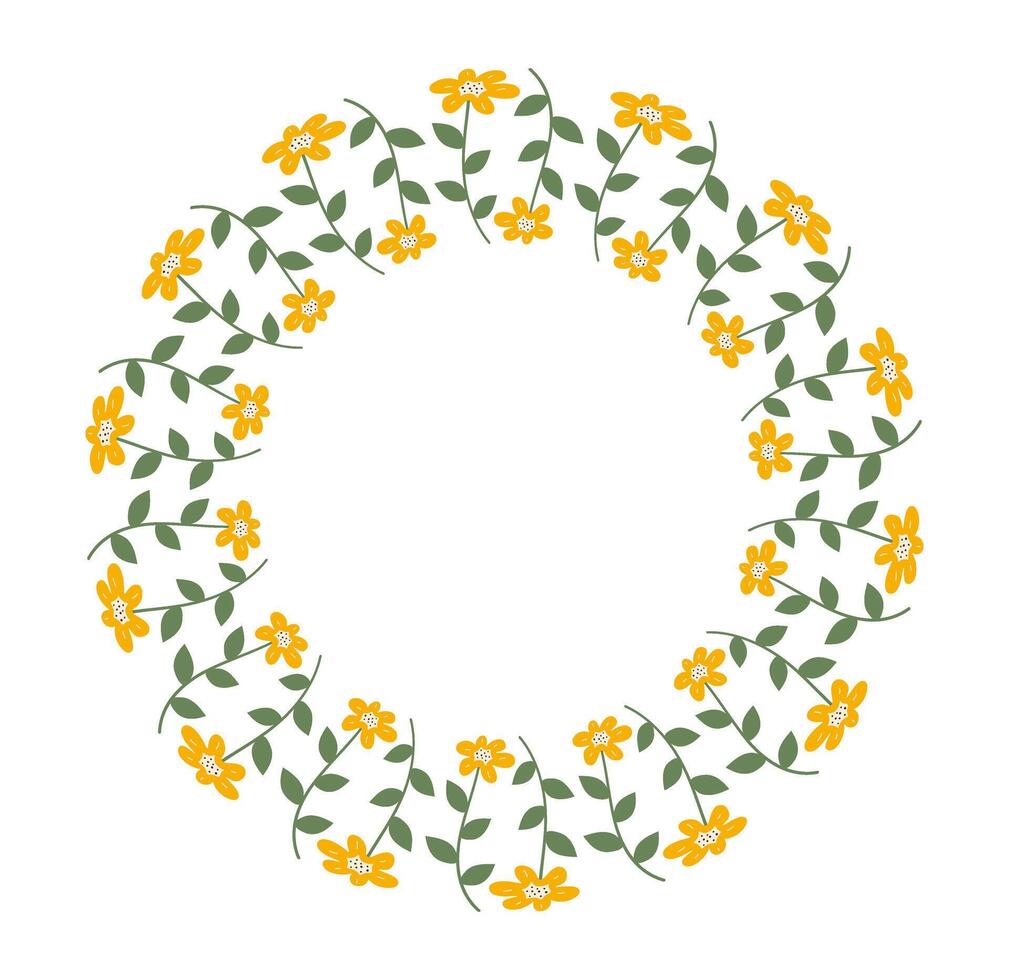 Spring minimalist floral Wreath with copy space. Hand drawn frame with Yellow flowers. Flat summer decoration elements for invitation cards posters. vector